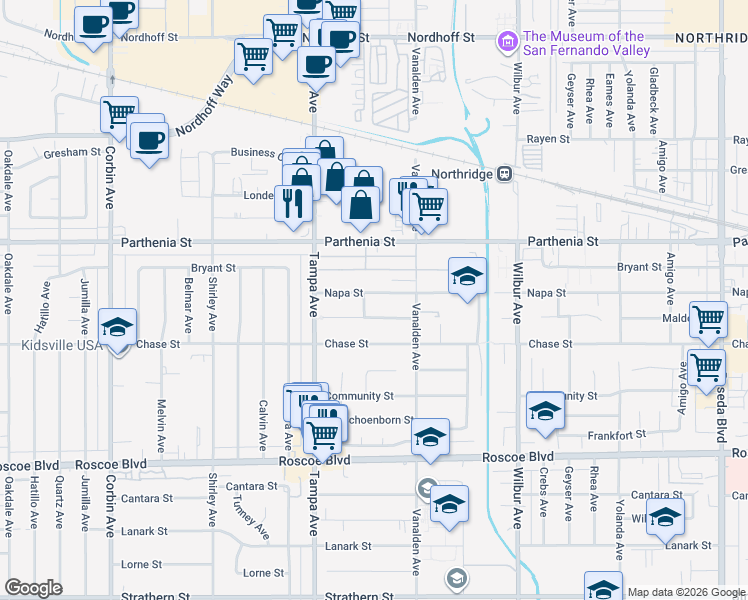 map of restaurants, bars, coffee shops, grocery stores, and more near 19155 Malden Street in Los Angeles