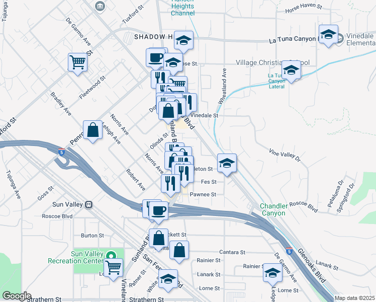 map of restaurants, bars, coffee shops, grocery stores, and more near 10730 New Haven Street in Sun Valley