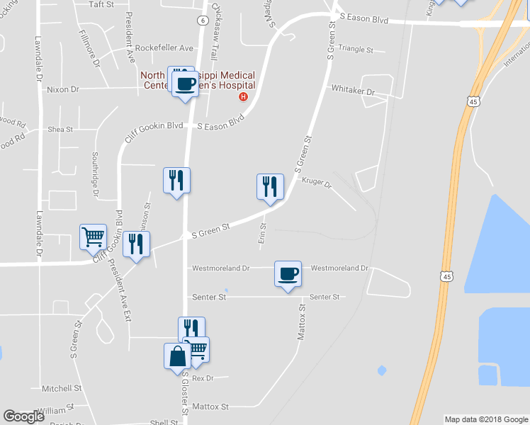map of restaurants, bars, coffee shops, grocery stores, and more near 1701 South Green Street in Tupelo