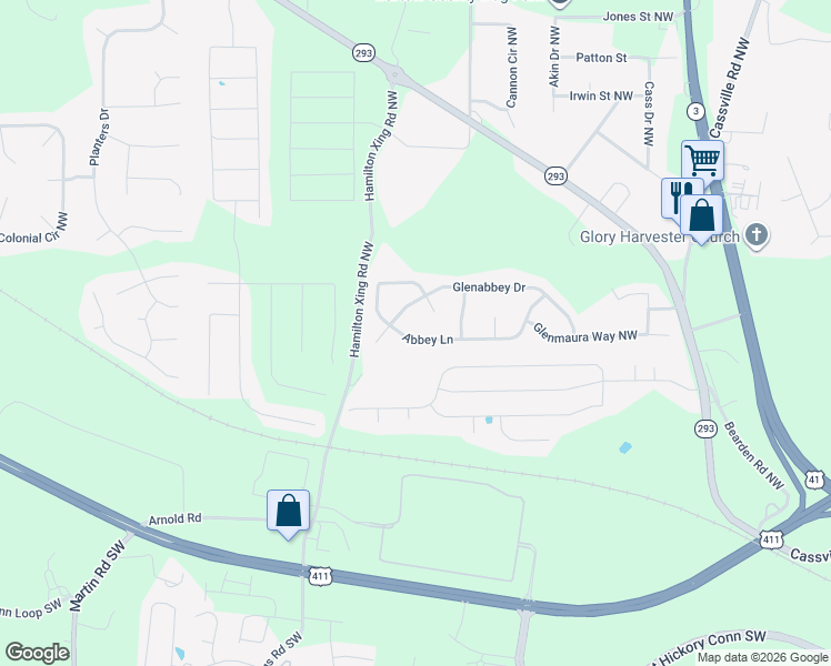 map of restaurants, bars, coffee shops, grocery stores, and more near 43 Abbey Lane in Cartersville