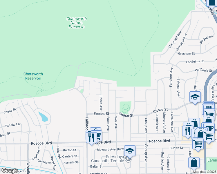 map of restaurants, bars, coffee shops, grocery stores, and more near 7650 Faust Avenue in Los Angeles