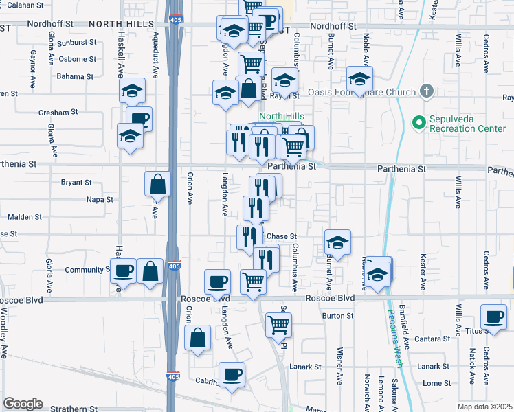 map of restaurants, bars, coffee shops, grocery stores, and more near 8553 Sepulveda Blvd in North Hills