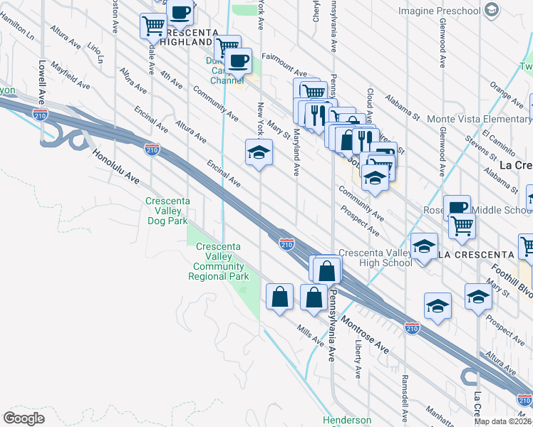 map of restaurants, bars, coffee shops, grocery stores, and more near 3332 Encinal Avenue in Glendale