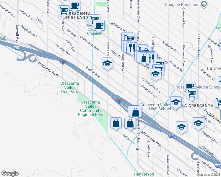 map of restaurants, bars, coffee shops, grocery stores, and more near 4208 New York Avenue in Glendale