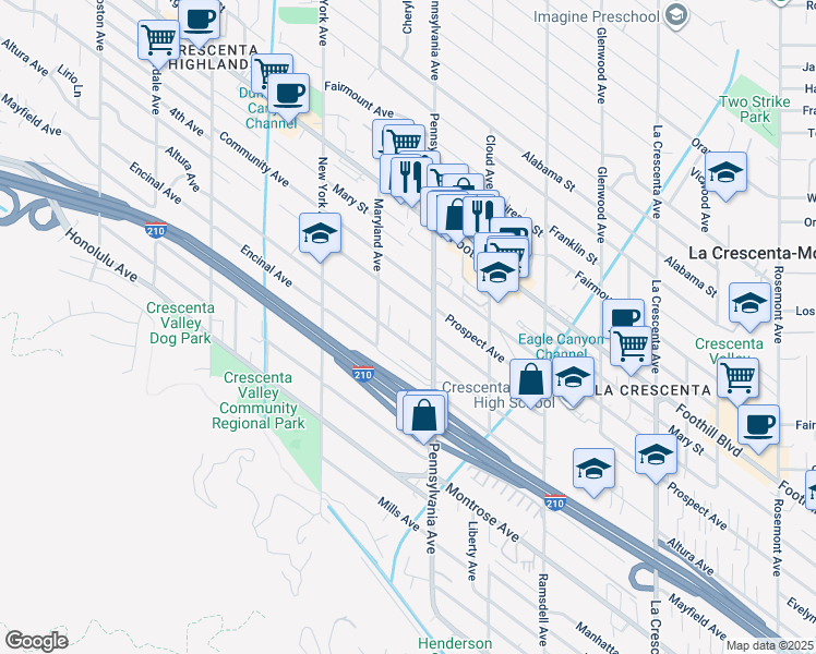 map of restaurants, bars, coffee shops, grocery stores, and more near 3219 Altura Avenue in Glendale