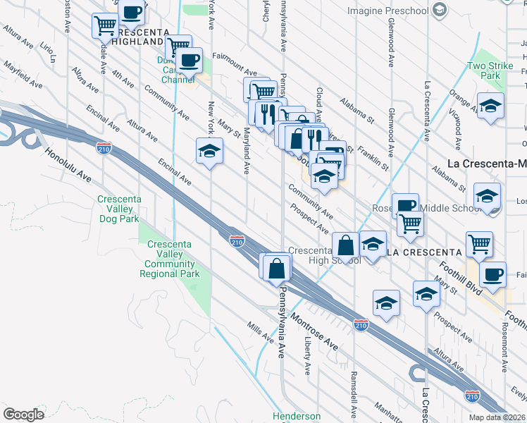 map of restaurants, bars, coffee shops, grocery stores, and more near 3219 Altura Avenue in Glendale