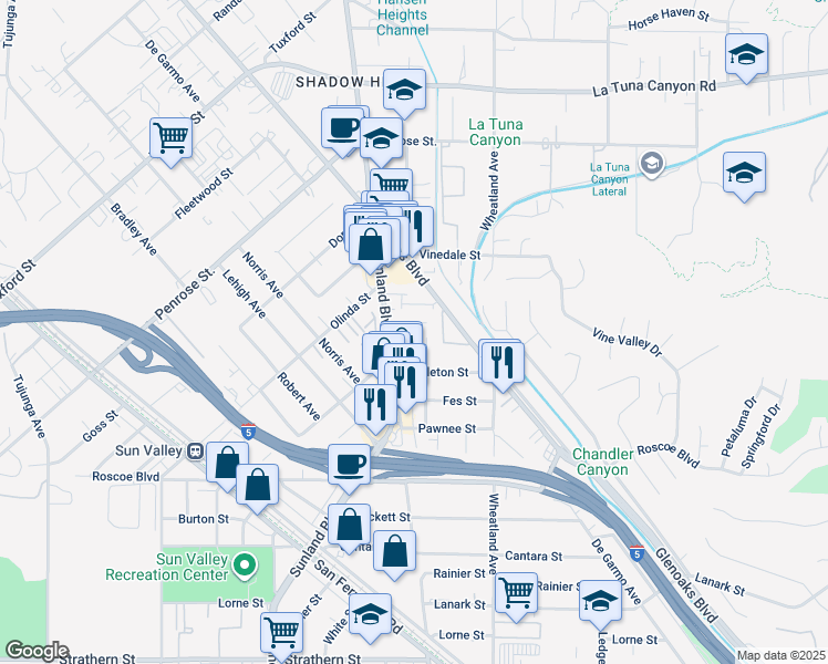 map of restaurants, bars, coffee shops, grocery stores, and more near 8517 Terhune Avenue in Los Angeles