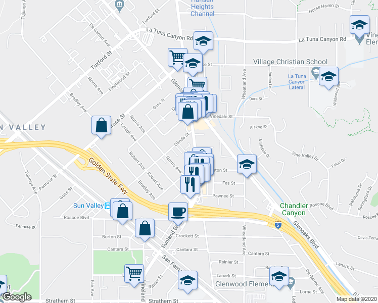 map of restaurants, bars, coffee shops, grocery stores, and more near 10825 Nettleton Street in Los Angeles