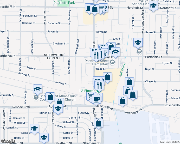 map of restaurants, bars, coffee shops, grocery stores, and more near 8511 Balboa Boulevard in Los Angeles