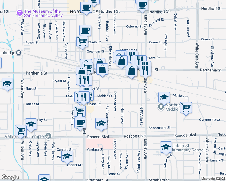 map of restaurants, bars, coffee shops, grocery stores, and more near 8526 Etiwanda Avenue in Los Angeles