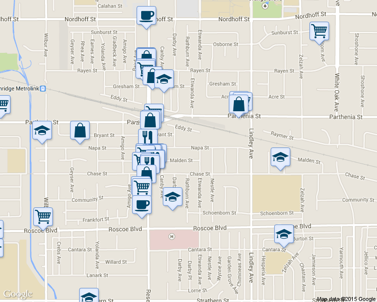 map of restaurants, bars, coffee shops, grocery stores, and more near 18334 Malden Street in Los Angeles