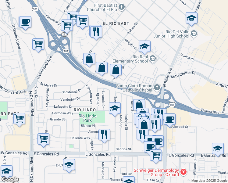 map of restaurants, bars, coffee shops, grocery stores, and more near 2300 Miramonte Drive in Oxnard