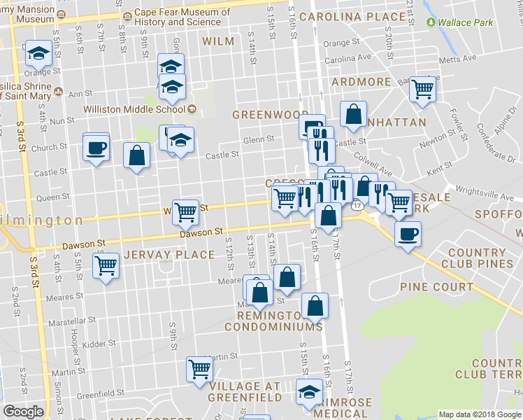 map of restaurants, bars, coffee shops, grocery stores, and more near 1305 Dawson Street in Wilmington