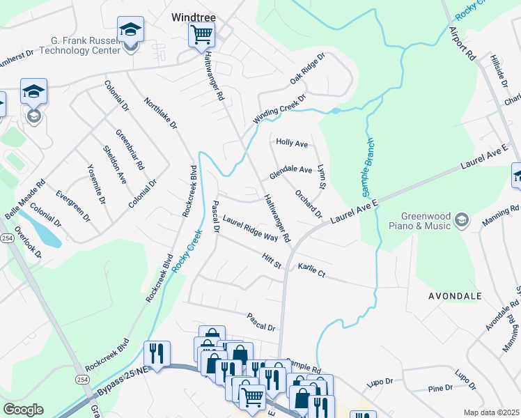 map of restaurants, bars, coffee shops, grocery stores, and more near 109 Laurel Ridge Place in Greenwood
