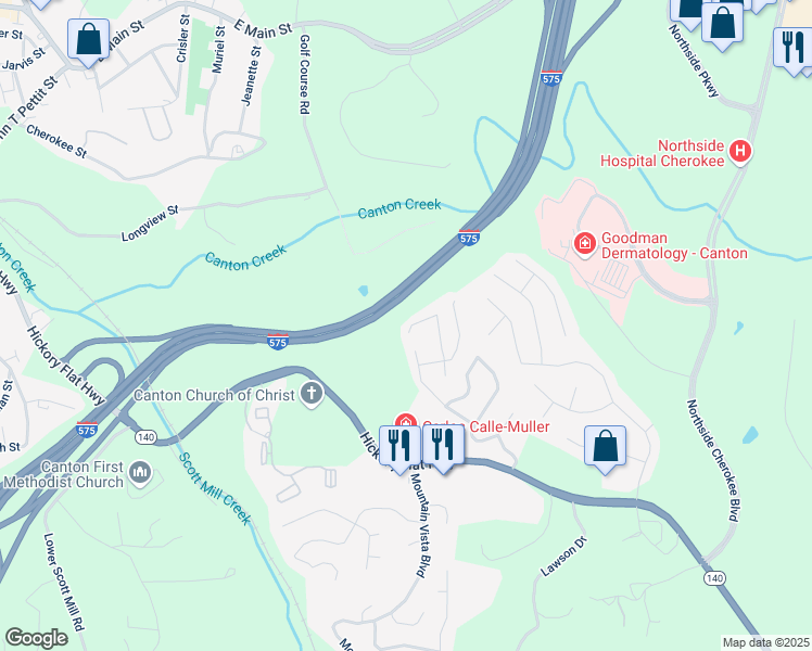map of restaurants, bars, coffee shops, grocery stores, and more near 337 Hillcrest Lane in Canton