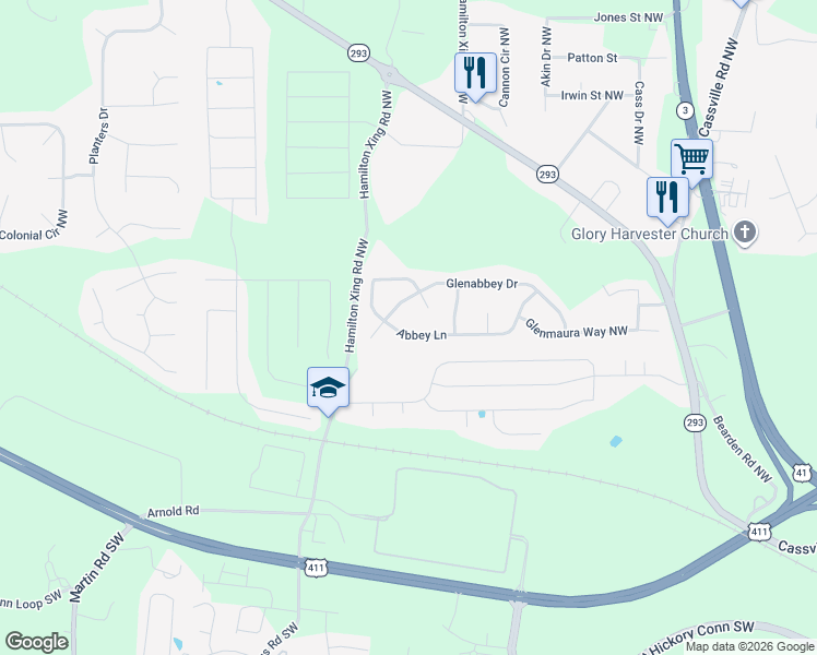 map of restaurants, bars, coffee shops, grocery stores, and more near 42 Abbey Lane in Cartersville