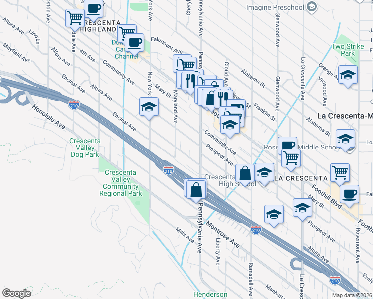 map of restaurants, bars, coffee shops, grocery stores, and more near 3219 Altura Avenue in Glendale