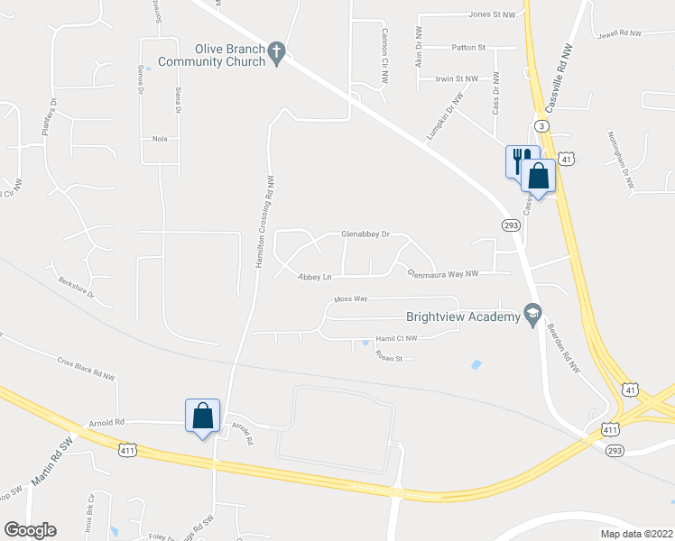 map of restaurants, bars, coffee shops, grocery stores, and more near 48 Walden Crossing in Cartersville