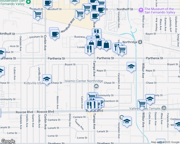 map of restaurants, bars, coffee shops, grocery stores, and more near 8554 Aura Avenue in Los Angeles