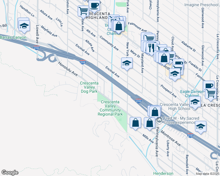 map of restaurants, bars, coffee shops, grocery stores, and more near 3501 1/2 Montrose Avenue in Glendale