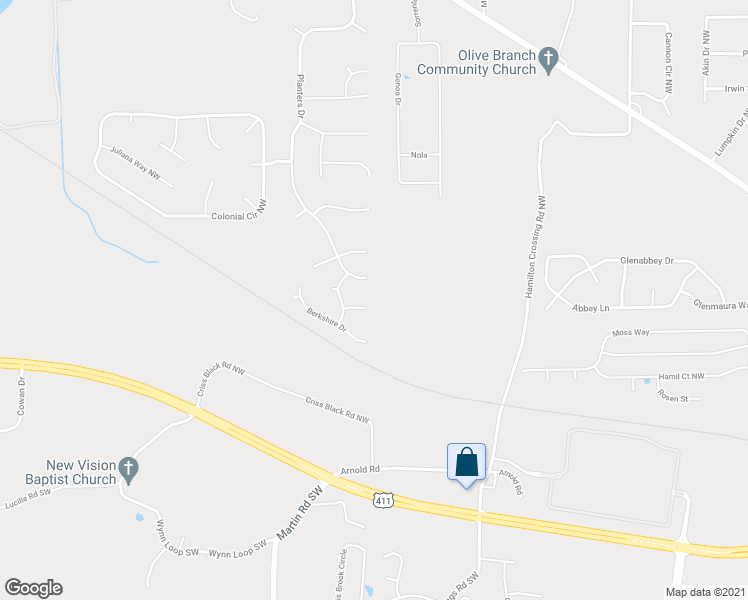 map of restaurants, bars, coffee shops, grocery stores, and more near 17 Silversmith Trail Northwest in Cartersville