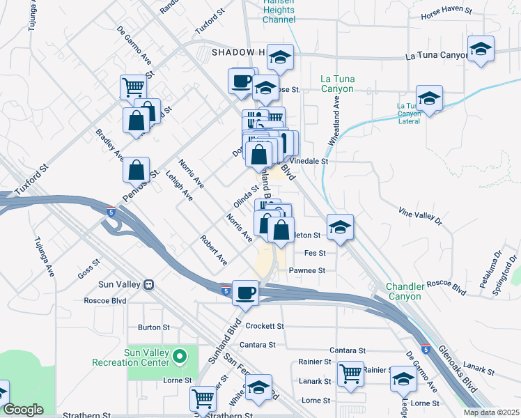 map of restaurants, bars, coffee shops, grocery stores, and more near 8649 Sunland Boulevard in Los Angeles