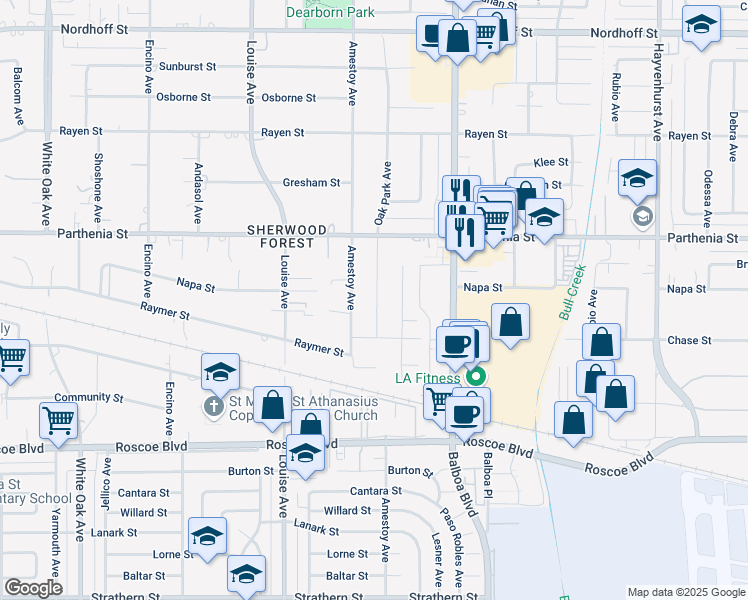map of restaurants, bars, coffee shops, grocery stores, and more near 8601 Oak Park Avenue in Los Angeles