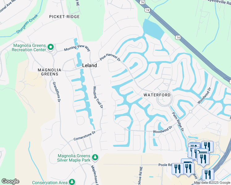 map of restaurants, bars, coffee shops, grocery stores, and more near 2036 Woodwind Drive in Leland