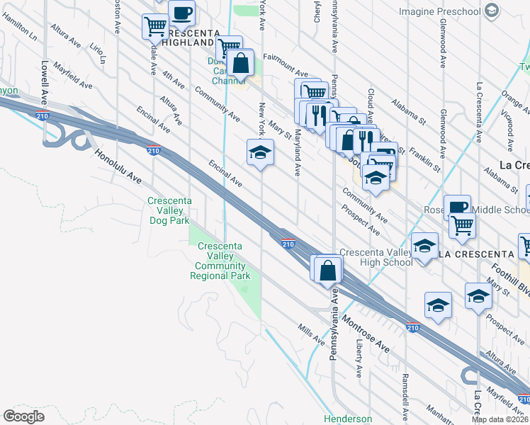 map of restaurants, bars, coffee shops, grocery stores, and more near 4210 New York Avenue in Glendale