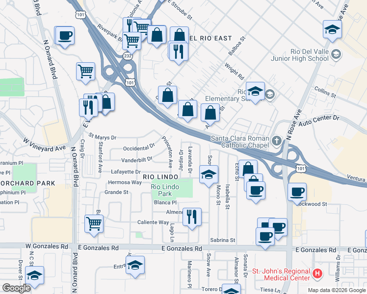 map of restaurants, bars, coffee shops, grocery stores, and more near 2364 Jardin Drive in Oxnard