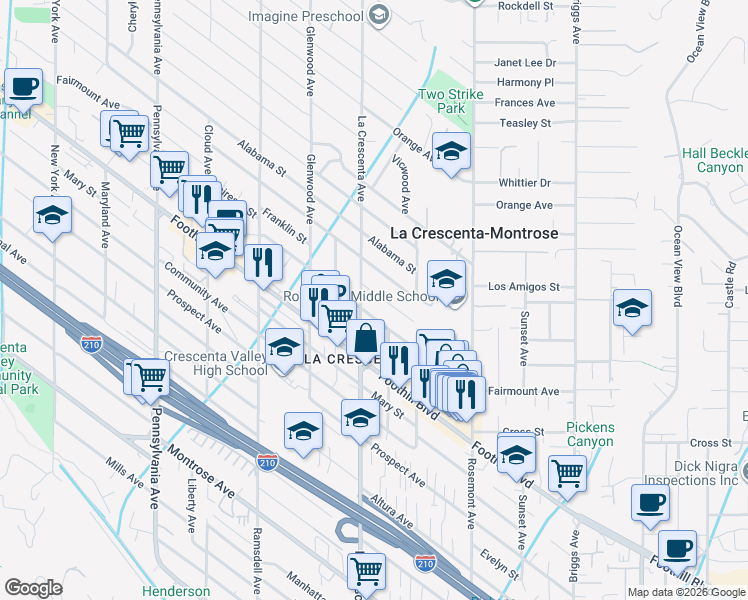 map of restaurants, bars, coffee shops, grocery stores, and more near 2754 Franklin Street in La Crescenta-Montrose
