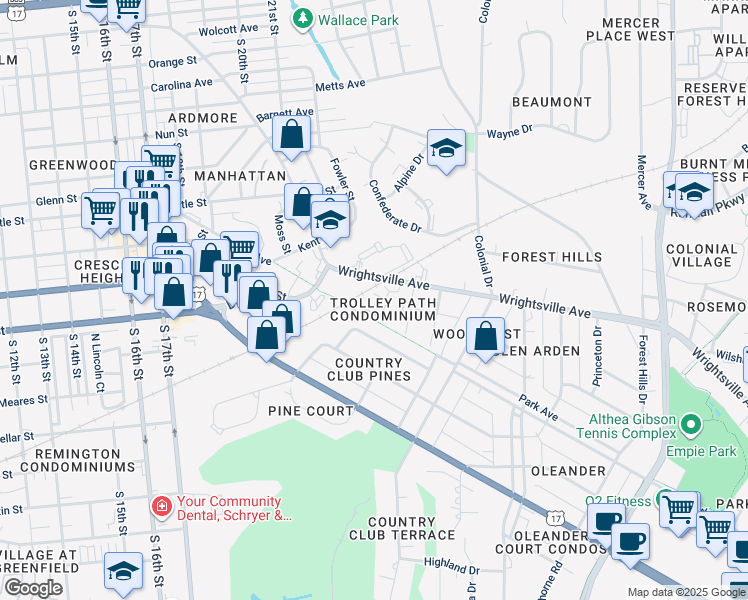 map of restaurants, bars, coffee shops, grocery stores, and more near 2308 Wrightsville Avenue in Wilmington