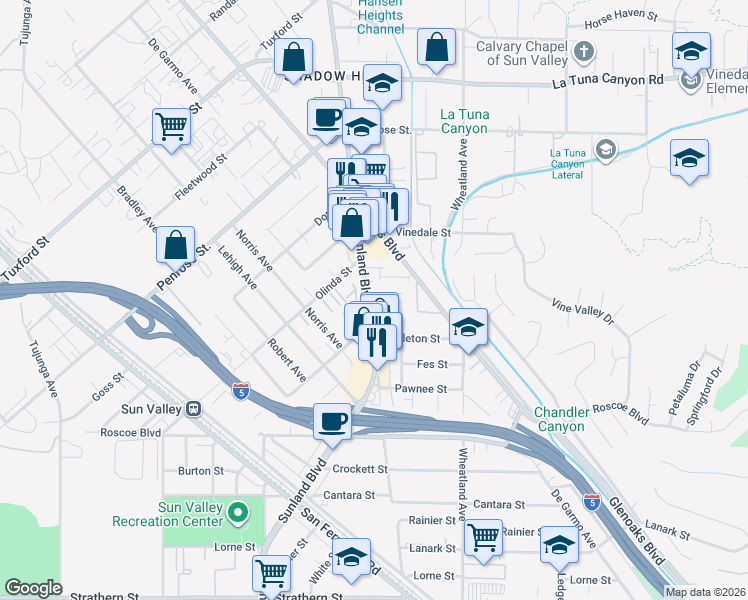map of restaurants, bars, coffee shops, grocery stores, and more near 8641 Glenoaks Boulevard in Los Angeles