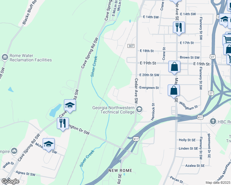 map of restaurants, bars, coffee shops, grocery stores, and more near 100 Vocational Drive in Rome
