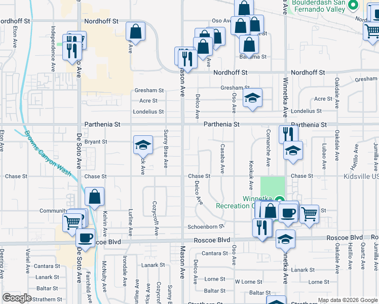 map of restaurants, bars, coffee shops, grocery stores, and more near 20447 Napa Street in Canoga Park