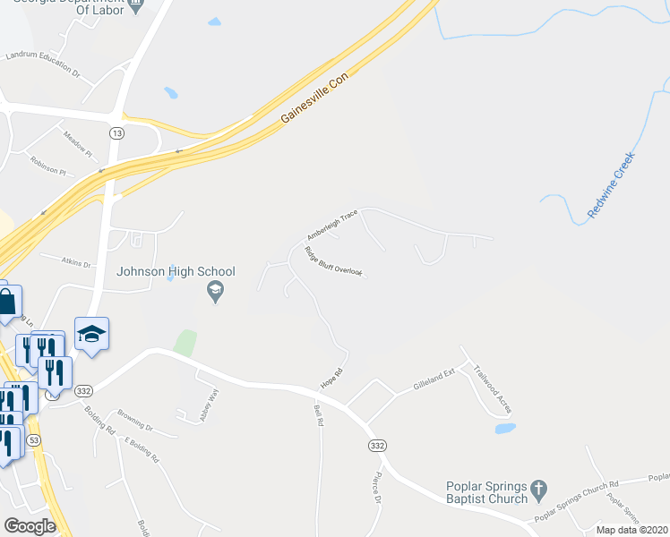 map of restaurants, bars, coffee shops, grocery stores, and more near Ridge Bluff Overlook in Gainesville