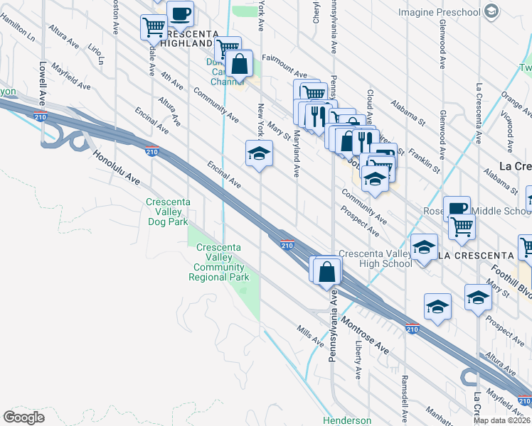 map of restaurants, bars, coffee shops, grocery stores, and more near 4210 New York Avenue in Glendale