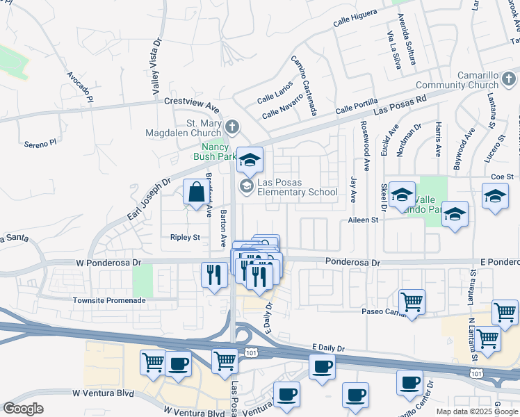 map of restaurants, bars, coffee shops, grocery stores, and more near 108 East Calle La Guerra in Camarillo