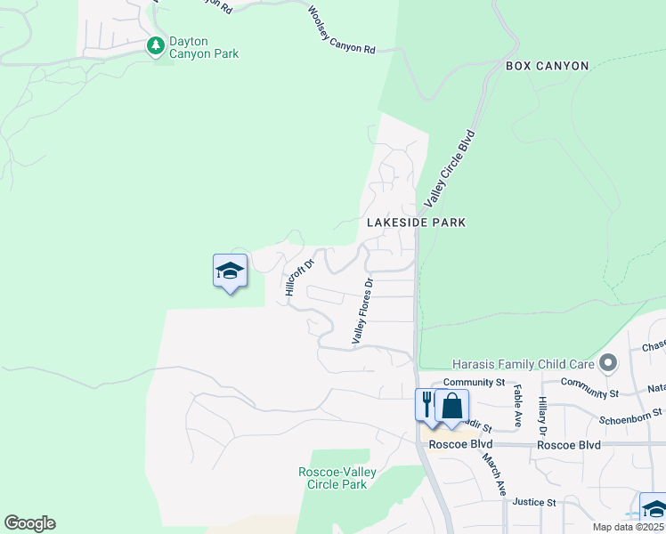 map of restaurants, bars, coffee shops, grocery stores, and more near Hillcroft Drive in Los Angeles