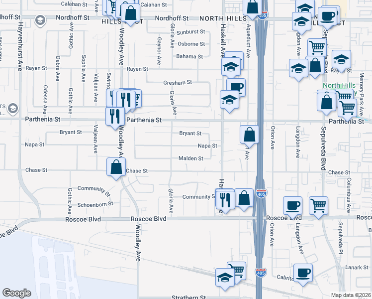 map of restaurants, bars, coffee shops, grocery stores, and more near 15926 Napa Street in Los Angeles