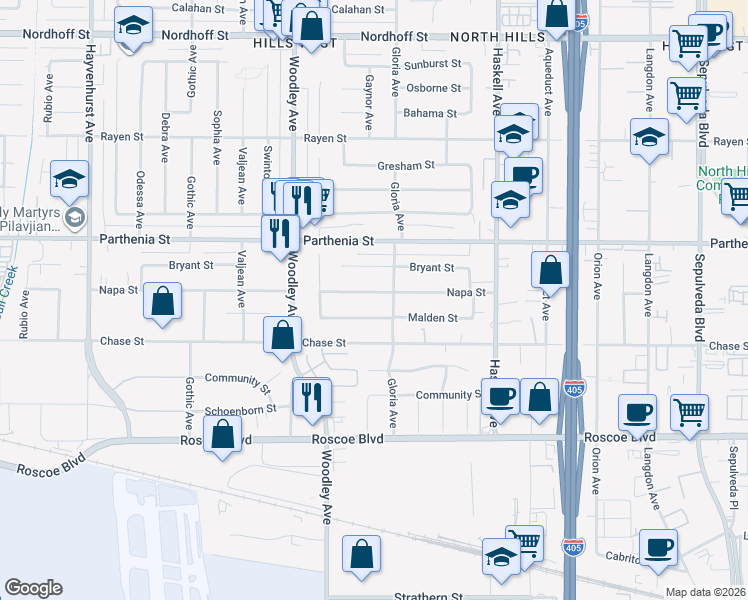 map of restaurants, bars, coffee shops, grocery stores, and more near 16029 Napa Street in Los Angeles