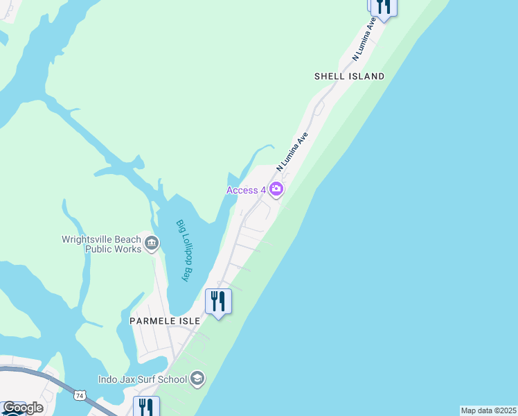 map of restaurants, bars, coffee shops, grocery stores, and more near 2312 North Lumina Avenue in Wrightsville Beach