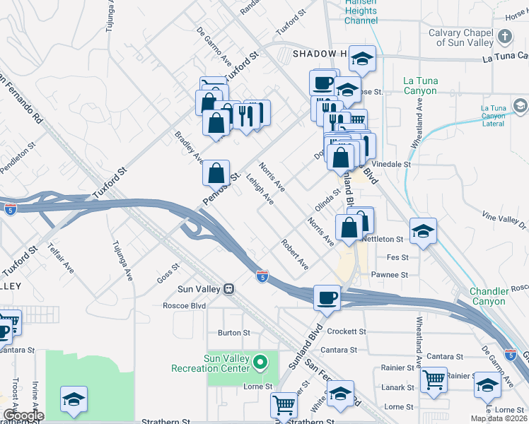 map of restaurants, bars, coffee shops, grocery stores, and more near 8626 Robert Avenue in Sun Valley