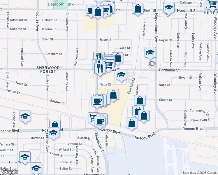 map of restaurants, bars, coffee shops, grocery stores, and more near 16901 Napa Street in Los Angeles