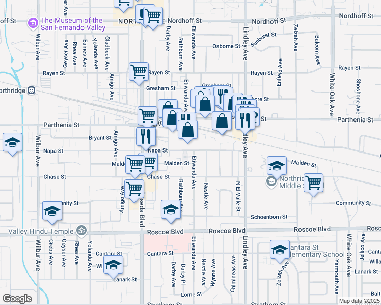 map of restaurants, bars, coffee shops, grocery stores, and more near 18251 Napa Street in Los Angeles