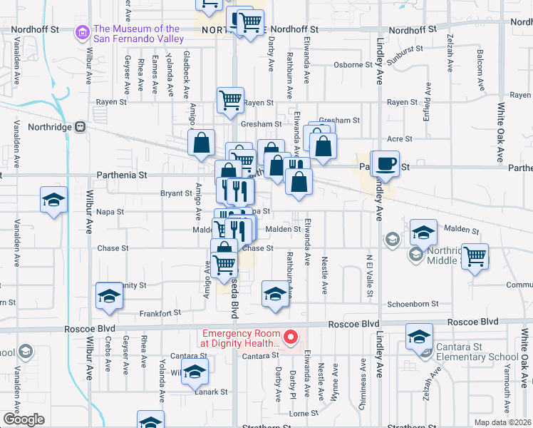 map of restaurants, bars, coffee shops, grocery stores, and more near 18426 Bryant Street in Los Angeles