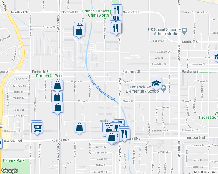 map of restaurants, bars, coffee shops, grocery stores, and more near 20947 Bryant Street in Los Angeles