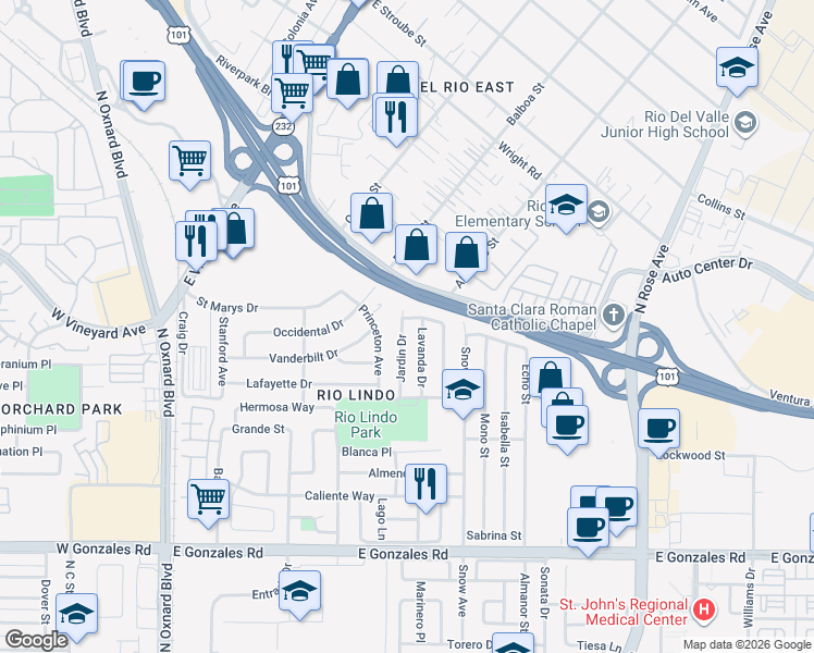 map of restaurants, bars, coffee shops, grocery stores, and more near 2364 Jardin Drive in Oxnard