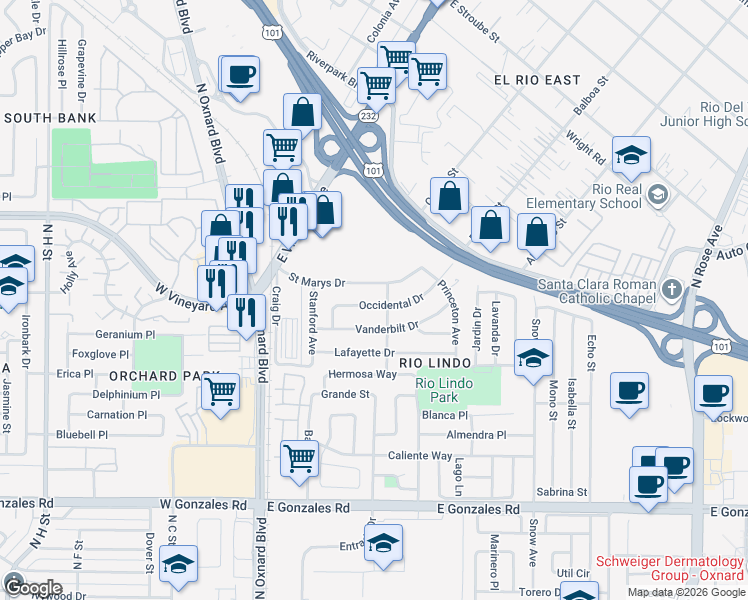 map of restaurants, bars, coffee shops, grocery stores, and more near 285 Saint Marys Drive in Oxnard