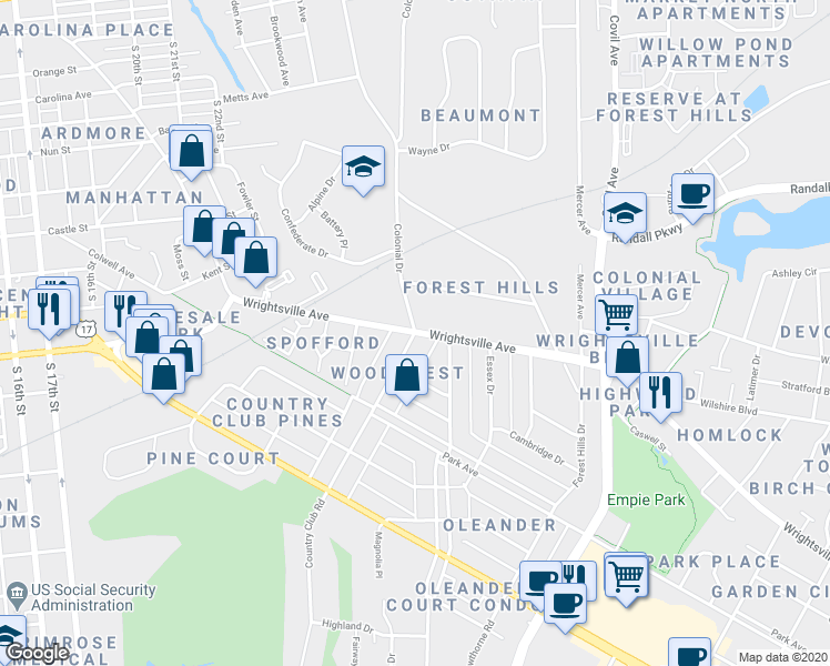 map of restaurants, bars, coffee shops, grocery stores, and more near 632 Country Club Road in Wilmington